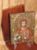 Св.мученик Евгений именная 18*23*2,3см.Дерево,темпера,литье,поталь,фронтажные лаки,самоцветы,фианиты.Упаковка декоративный деревянный футляр-шкатулка.Покров для иконы, свидетельство номерное на икону.Цена-23 500р.